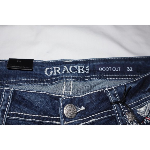 NEW Grace in LA Womens Size 32 Floral Boot Cut Stretch Floral Flap Embroidery - Picture 6 of 12